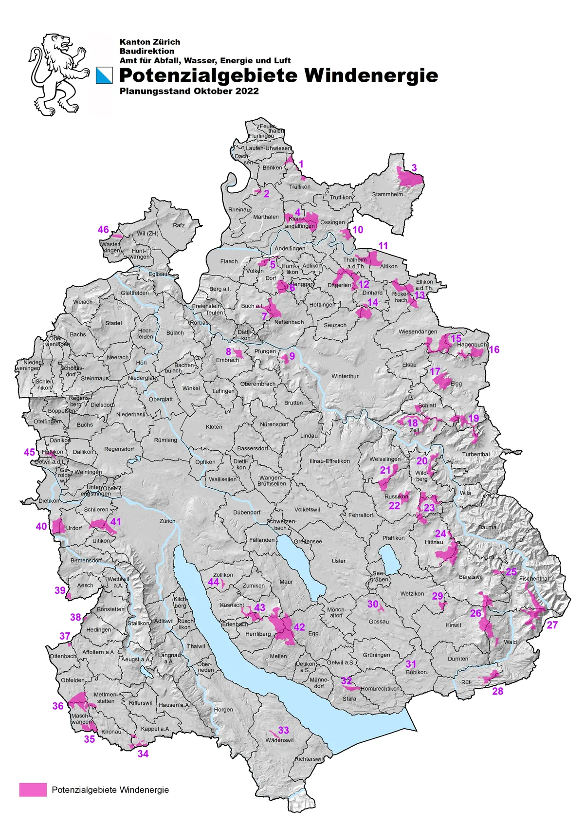 Auf der Karte sieht man die potenziellen Gebiete für Windenergie.